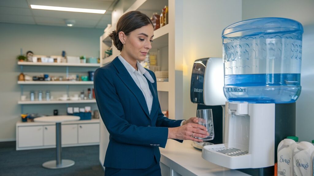 female employee dispensing water from an office water dispenser