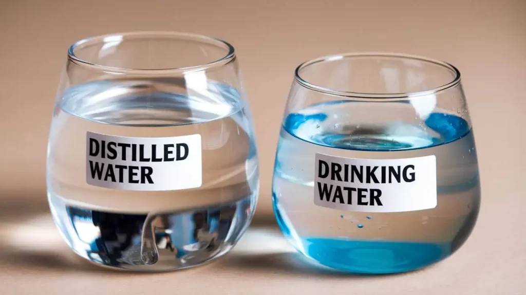 a photo of glasses containing distilled water vs drinking water