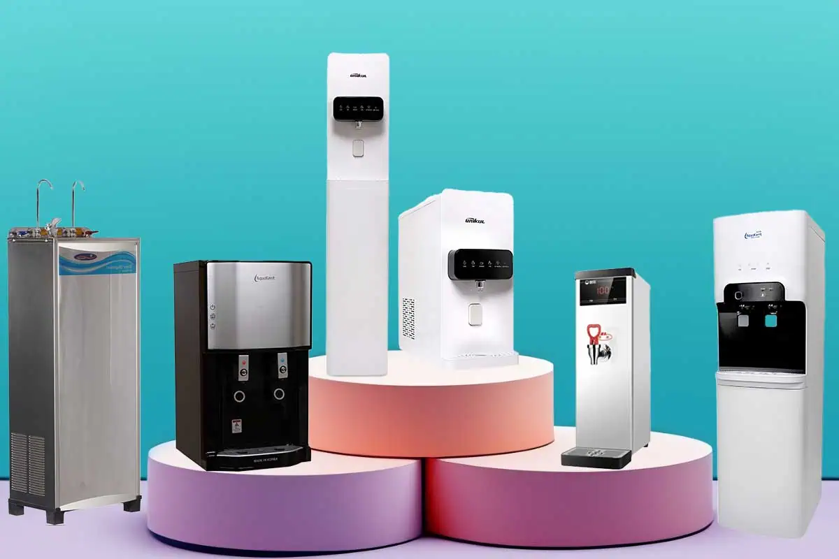 types of water dispensers on a display podium