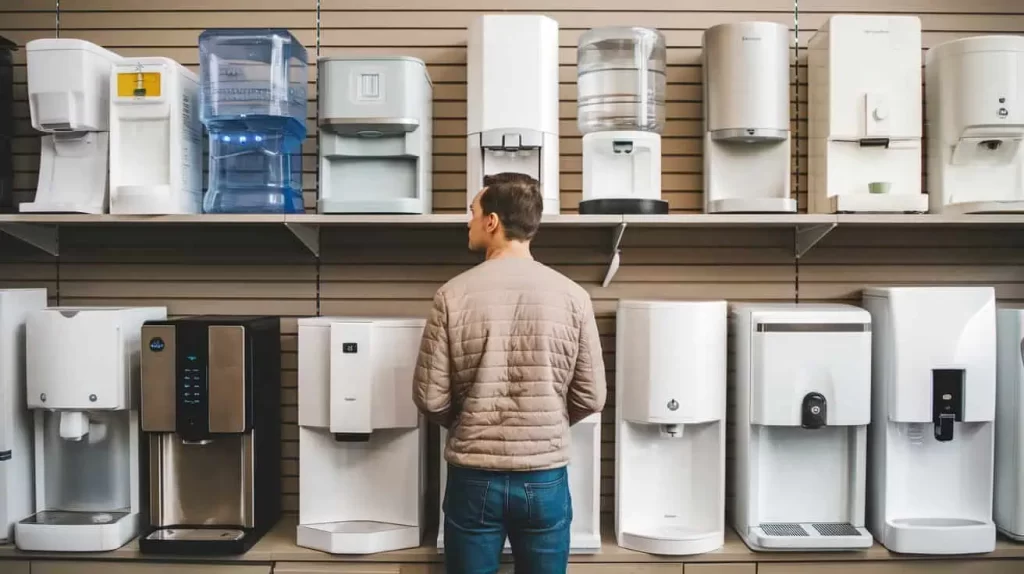 store with water dispenser and a customer standing thinking