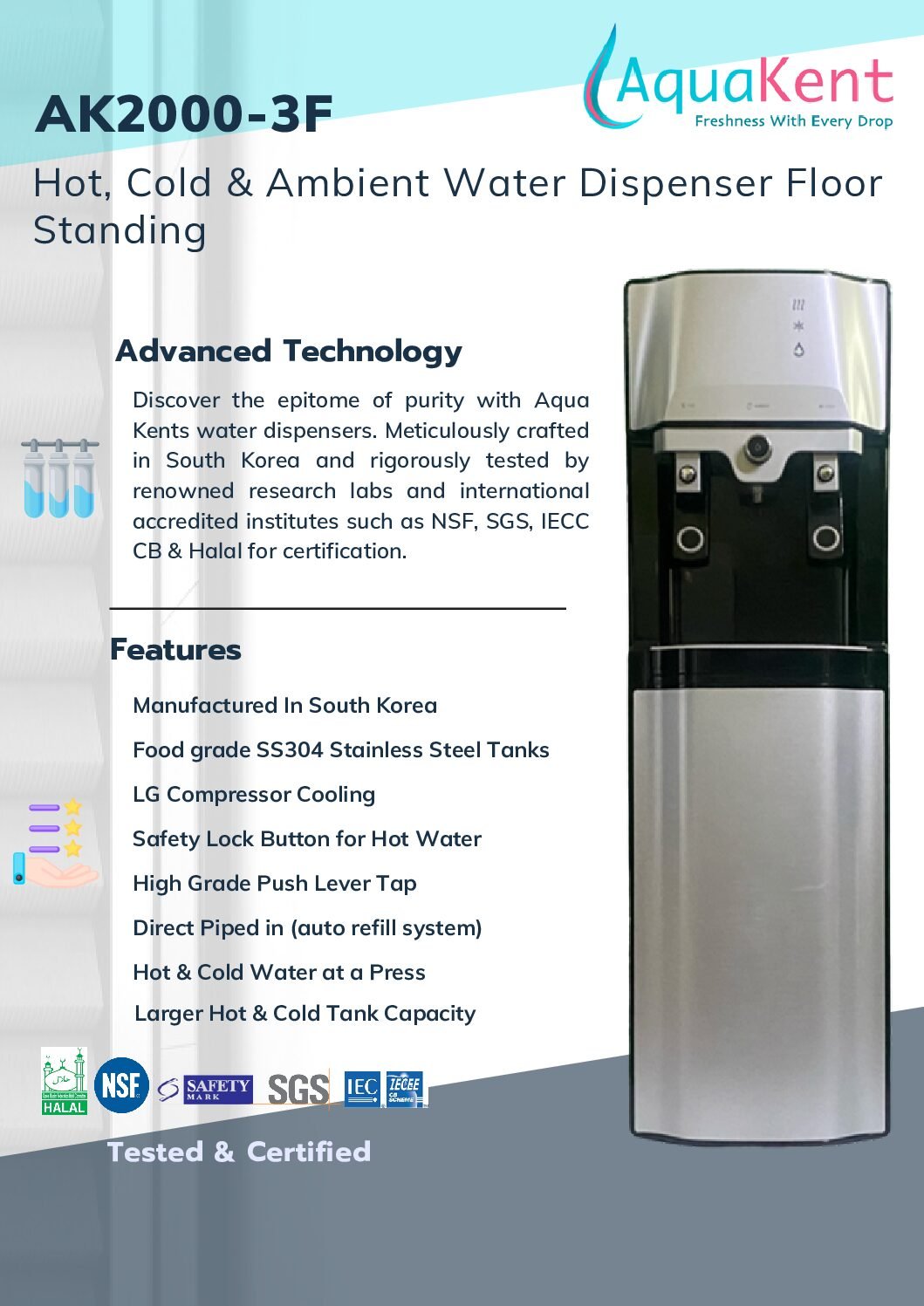 Hot, Cold & Normal Floor Standing Water Dispenser - AK2000-3F - Image 2